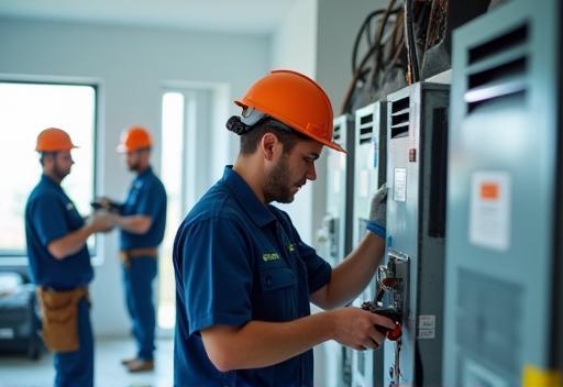 Technicians installing energy-efficient HVAC system